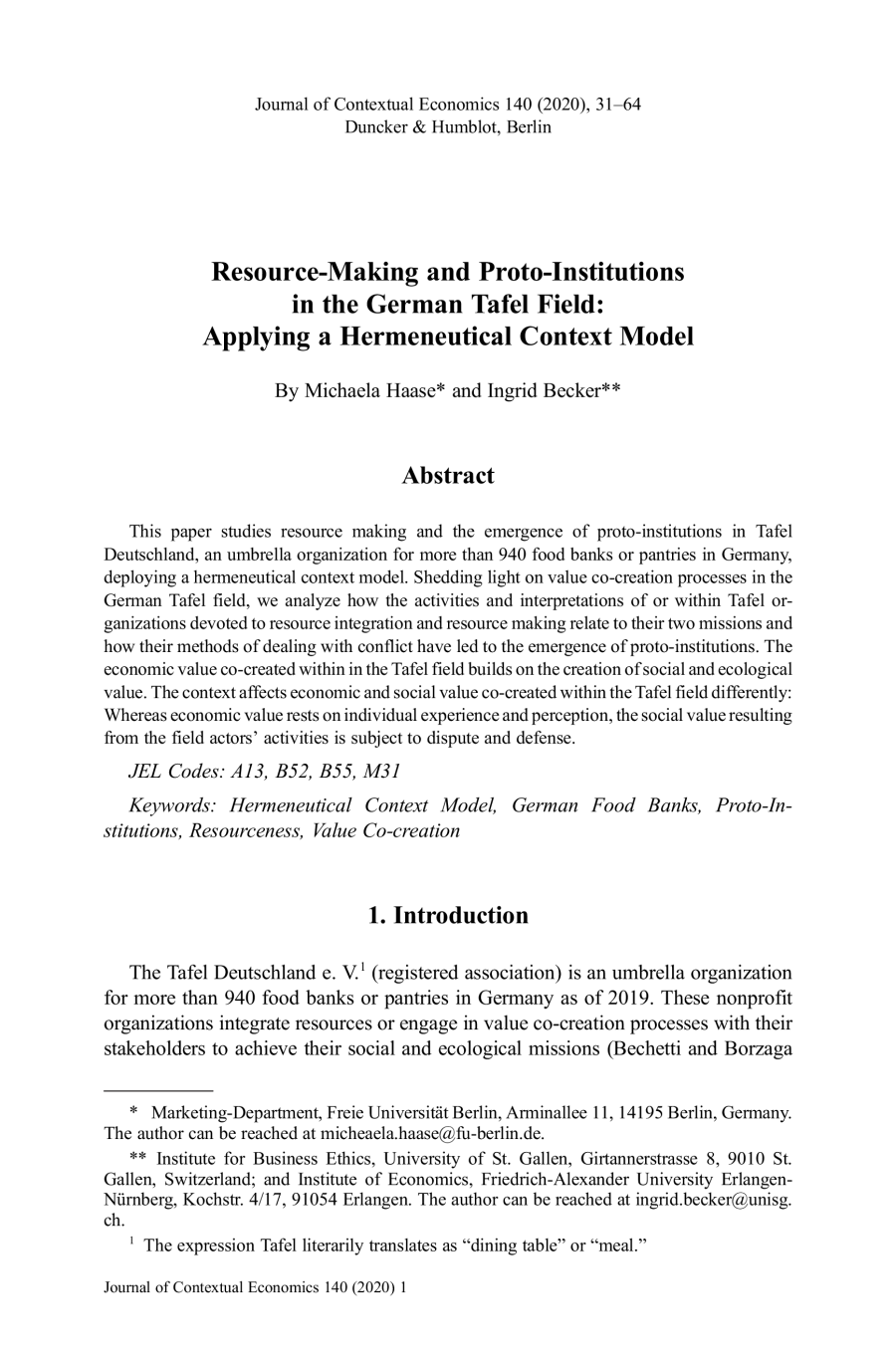 Resource-Making and Proto-Institutions in the German Tafel Field: Applying a Hermeneutical Context Model