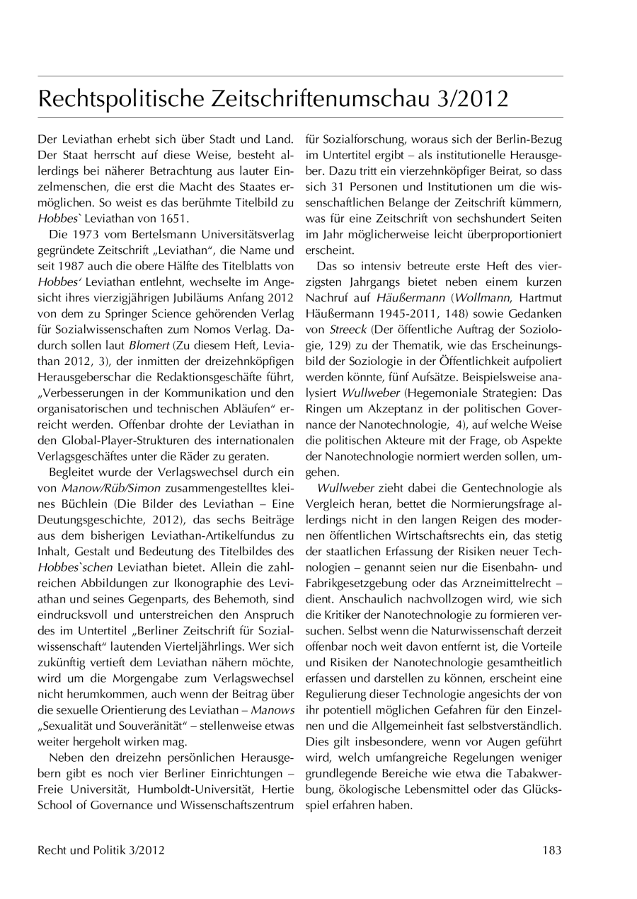 Rechtspolitische Zeitschriftenumschau 3/2012