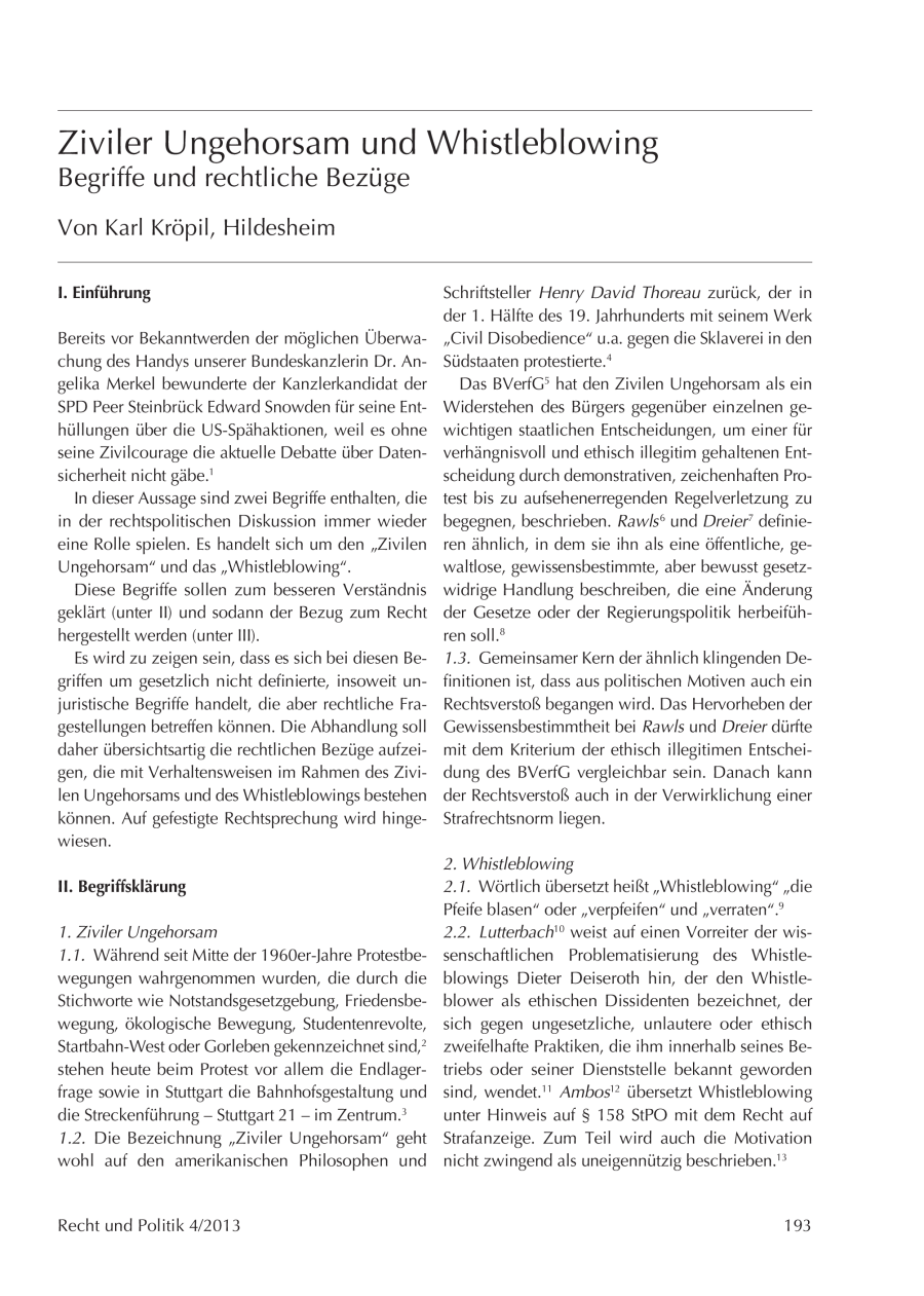 Ziviler Ungehorsam und Whistleblowing