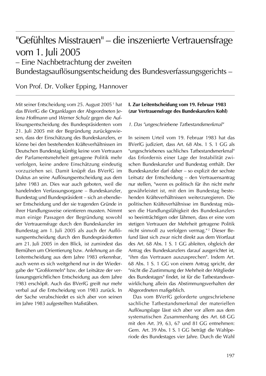 “Gefühltes Misstrauen” – die inszenierte Vertrauensfrage vom 1. Juli 2005