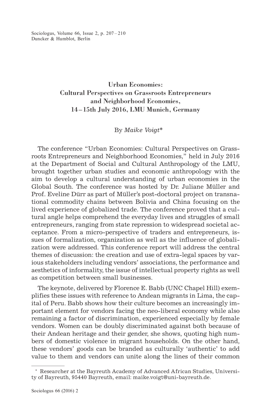 Urban Economies: Cultural Perspectives on Grassroots Entrepreneurs and Neighborhood Economies, 14 – 15th July 2016, LMU Munich, Germany