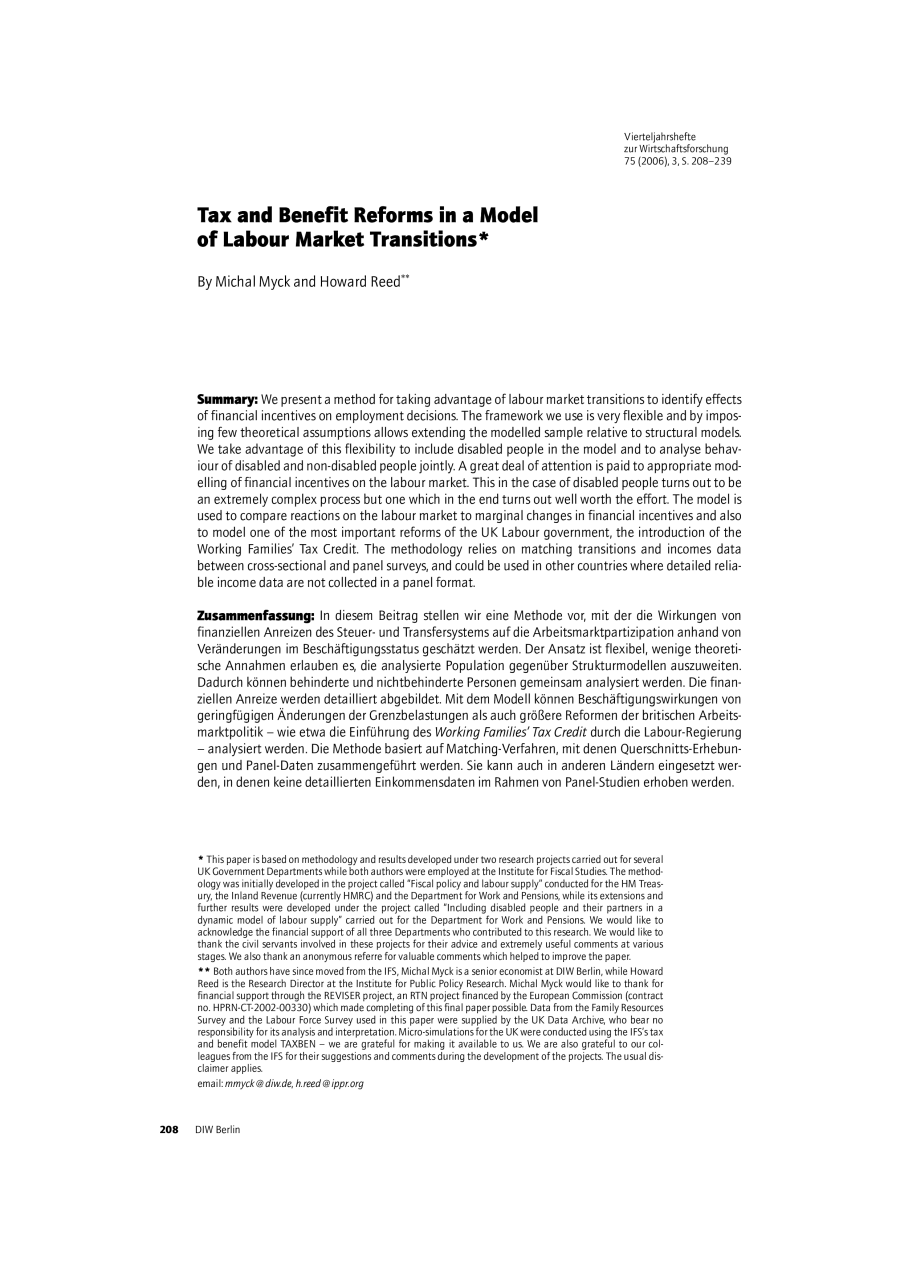 Tax and Benefit Reforms in a Model of Labour Market Transitions