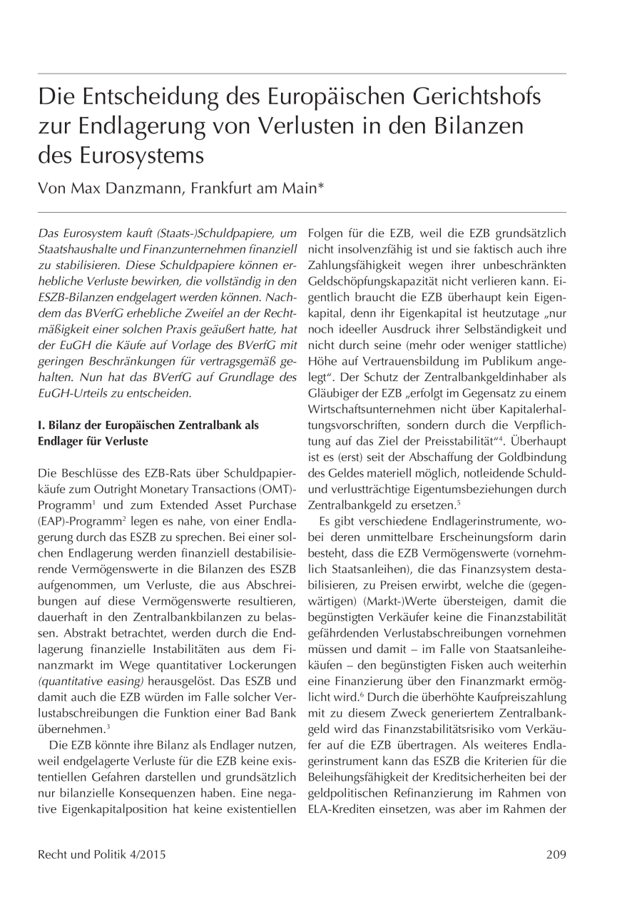 Die Entscheidung des Europäischen Gerichtshofs zur Endlagerung von Verlusten in den Bilanzen des Eurosystems