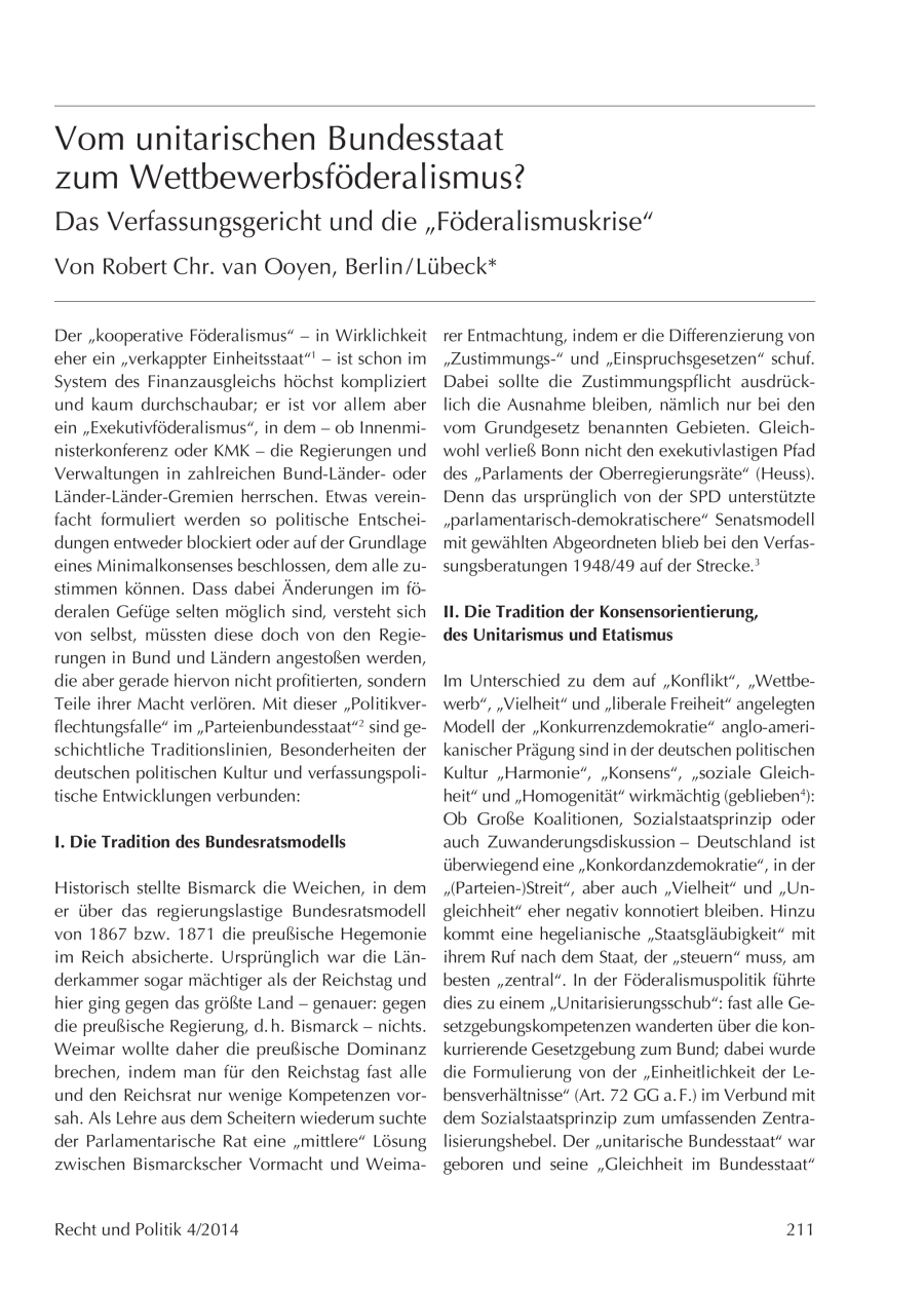 Vom unitarischen Bundesstaat zum Wettbewerbsföderalismus?