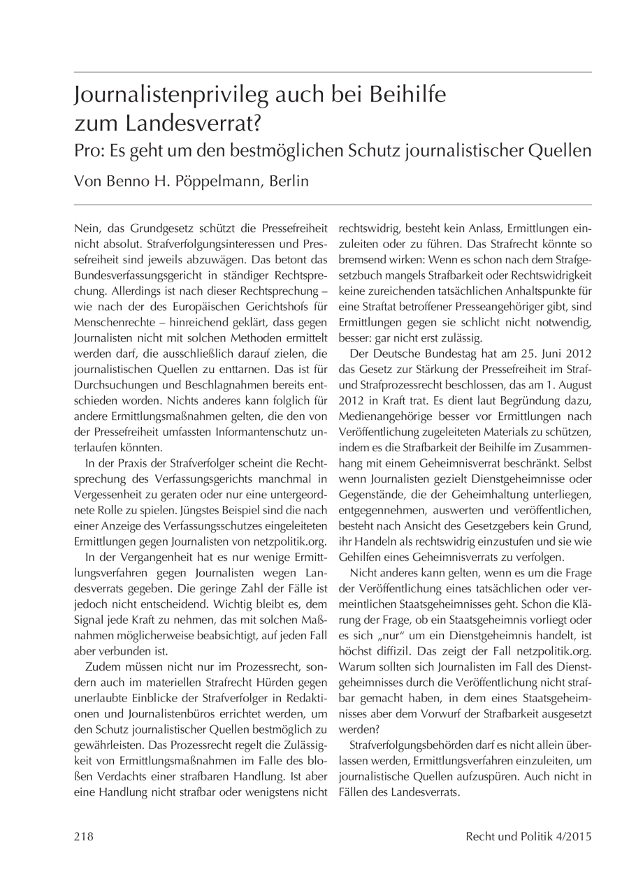 Pro und Contra: Journalistenprivileg auch bei Beihilfe zum Landesverrat?