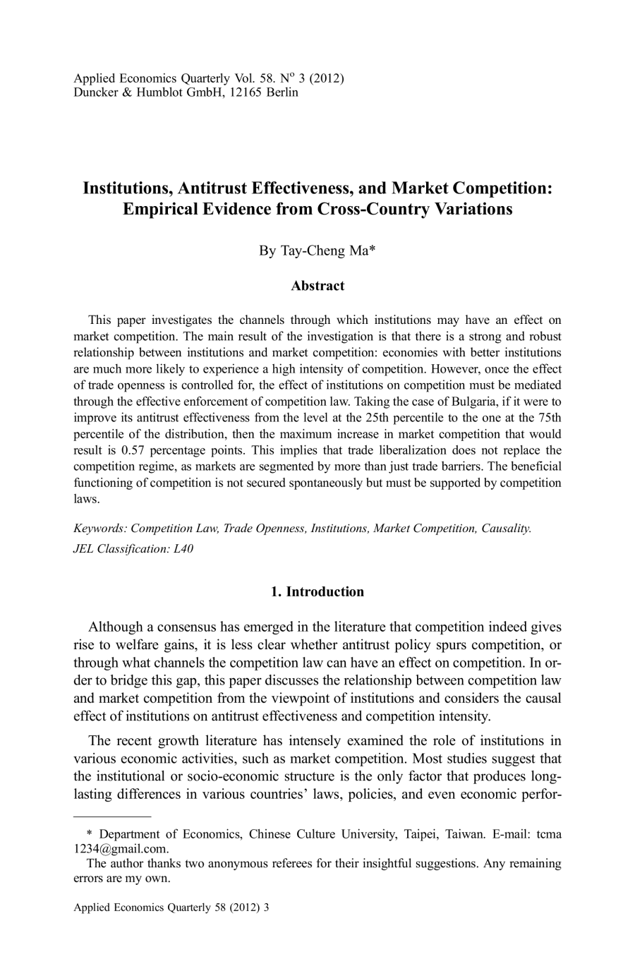 Institutions, Antitrust Effectiveness, and Market Competition: Empirical Evidence from Cross-Country Variations