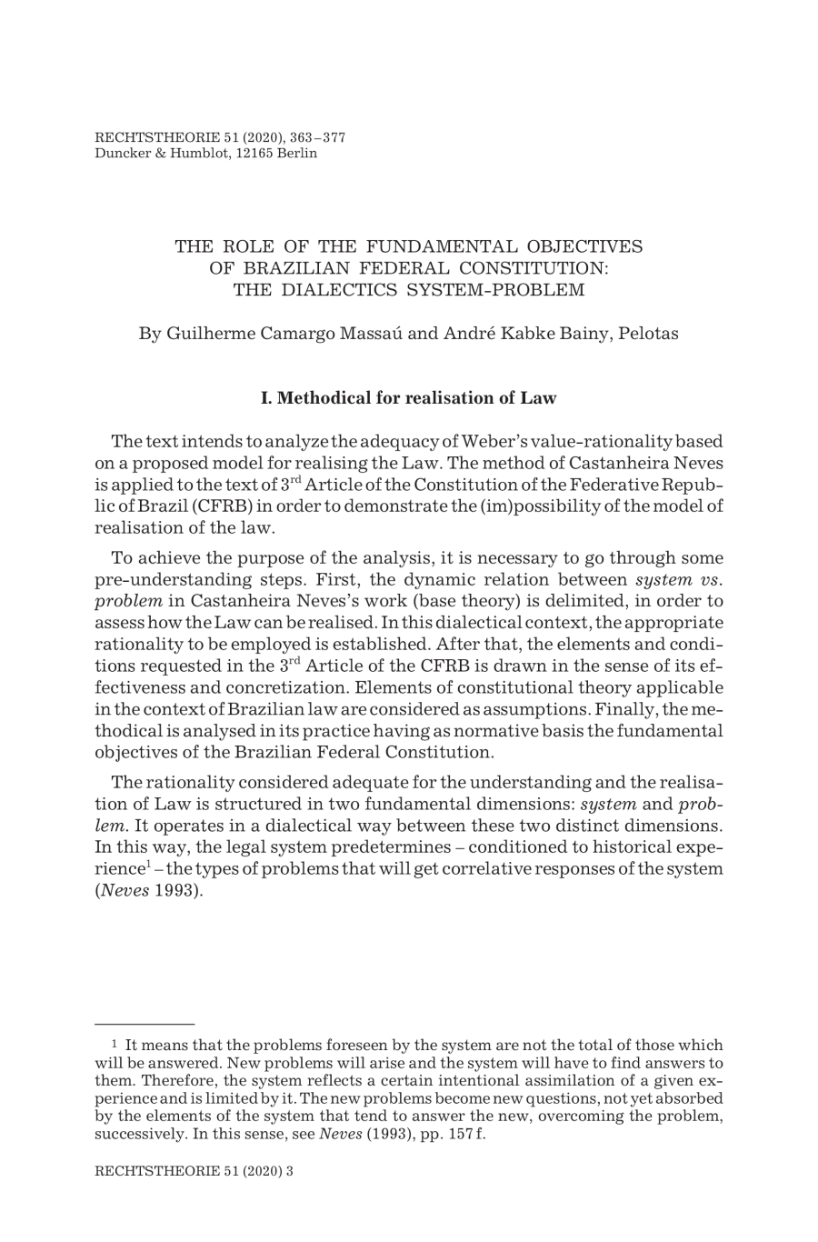 The Role of the Fundamental Objectives of Brazilian Federal Constitution: The Dialectics System-Problem