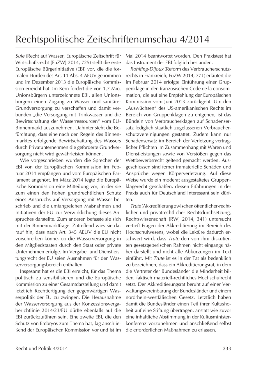 Rechtspolitische Zeitschriftenumschau 4/2014