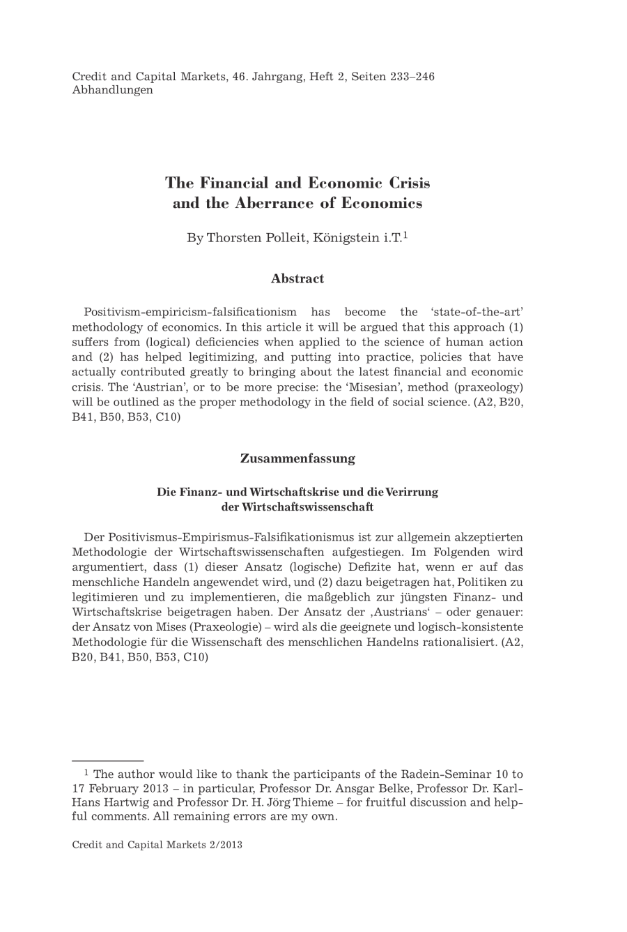 The Financial and Economic Crisis and the Aberrance of Economics