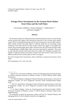 Foreign Direct Investments in the German Stock Market from China and the Gulf States