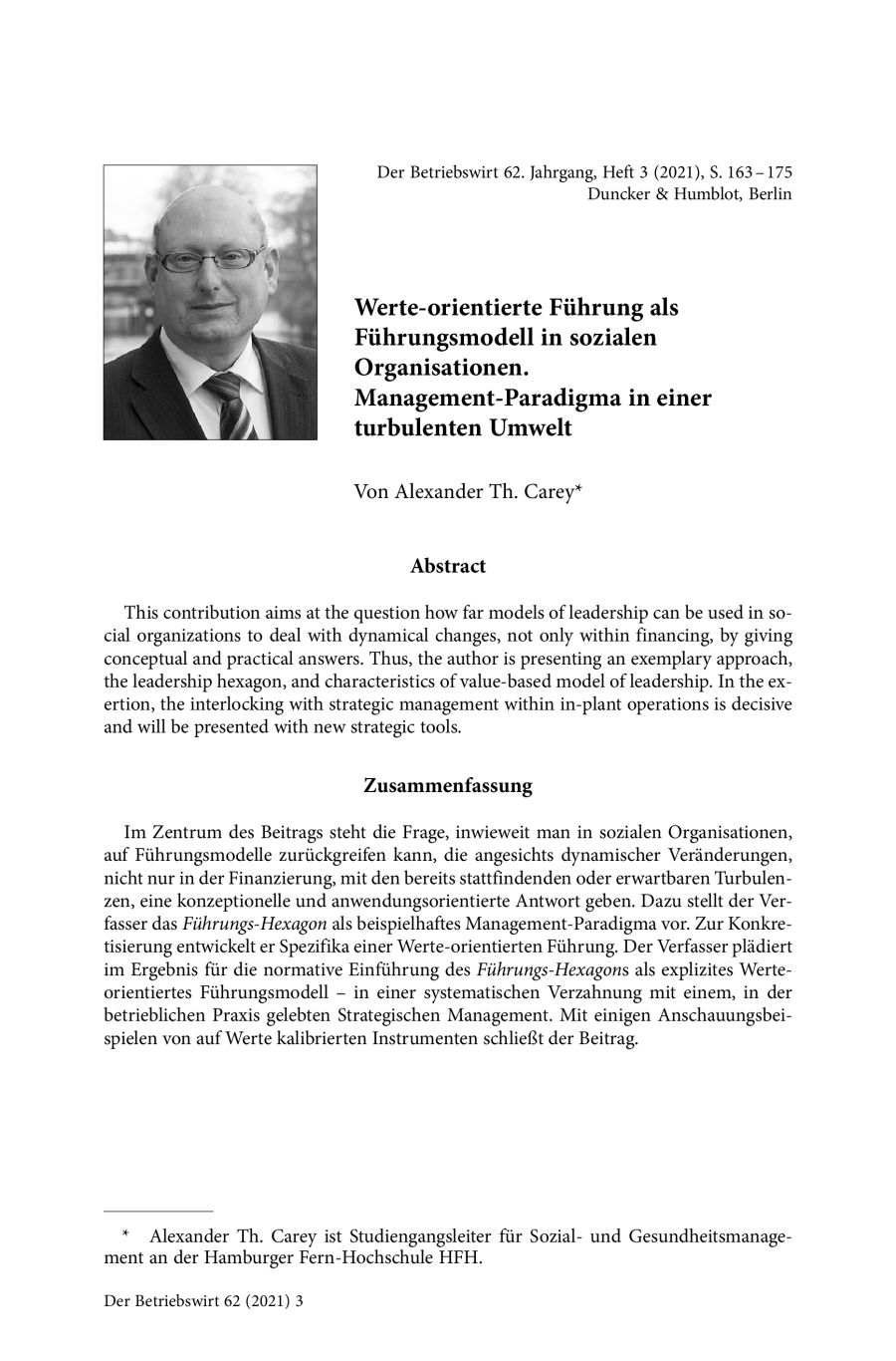 Werte-orientierte Führung als Führungsmodell in sozialen Organisationen. Management-Paradigma in einer turbulenten Umwelt