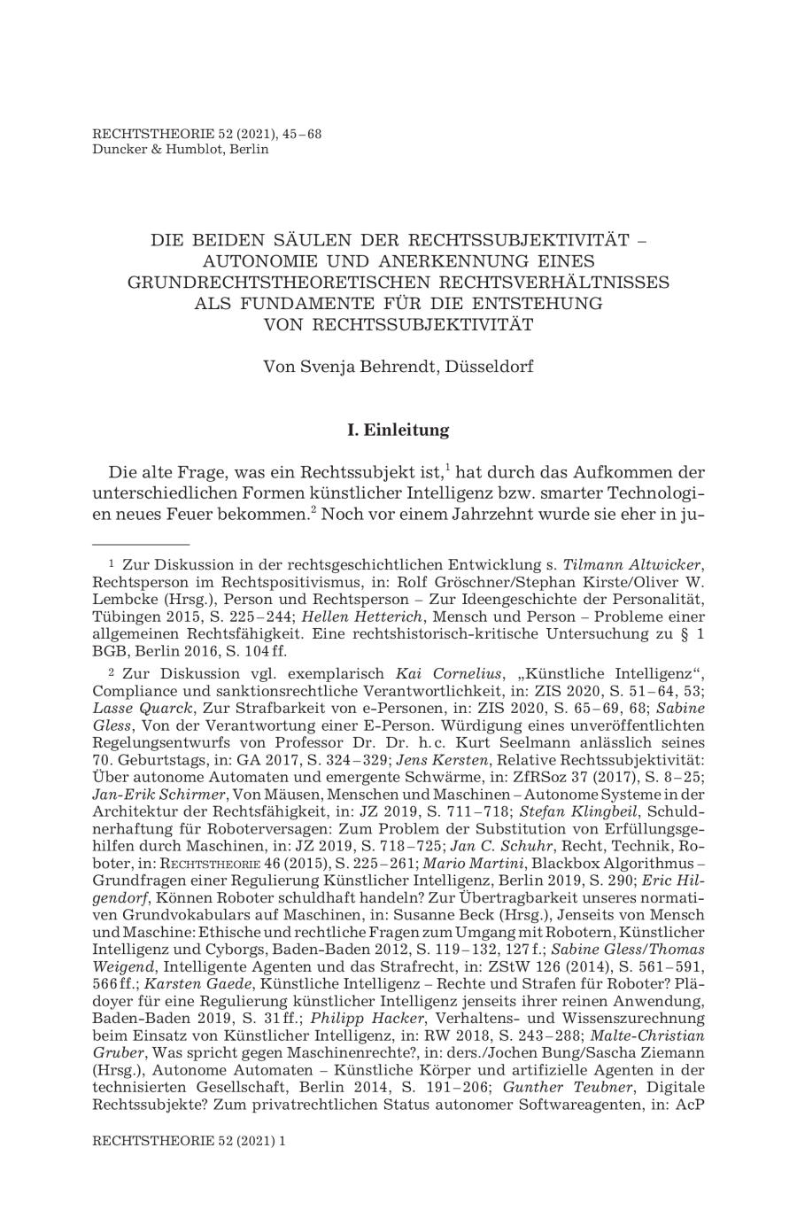 Die beiden Säulen der Rechtssubjektivität – Autonomie und Anerkennung eines grundrechtstheoretischen Rechtsverhältnisses als Fundamente für die Entstehung von Rechtssubjektivität