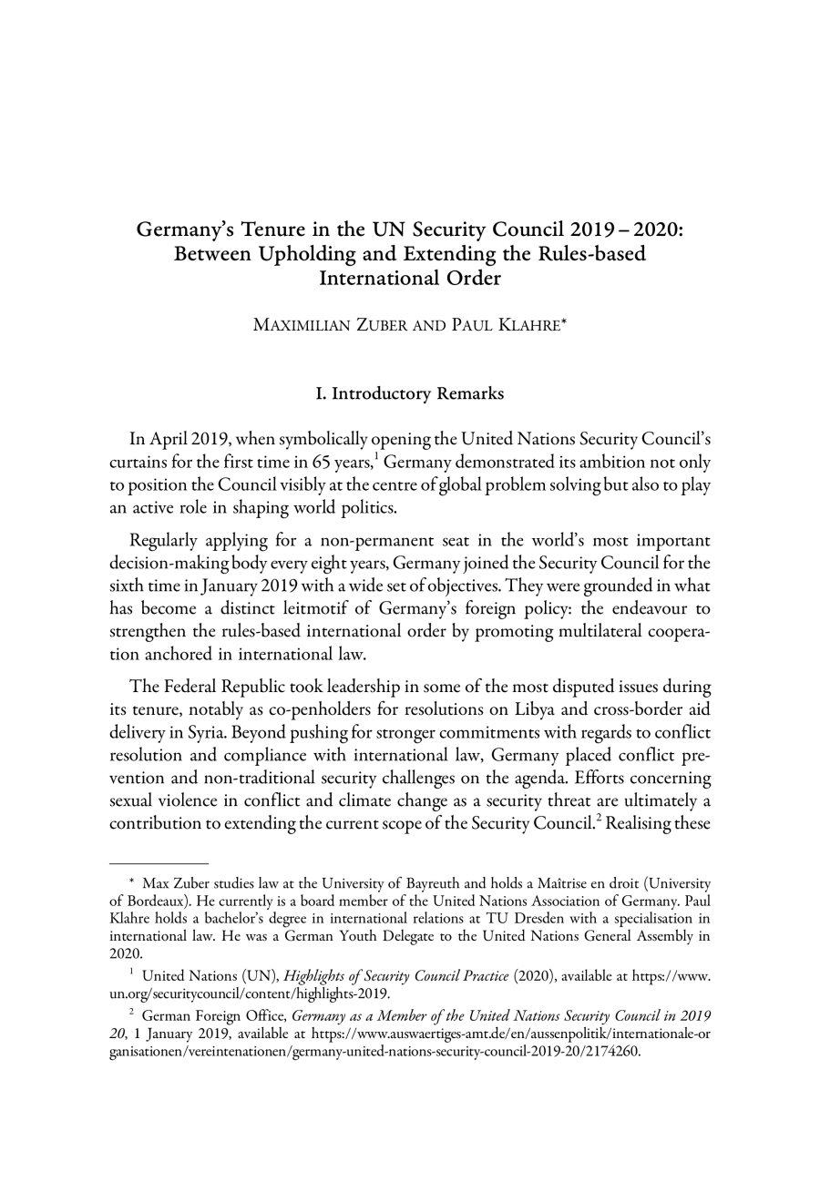 Germany’s Tenure in the UN Security Council 2019 – 2020: Between Upholding and Extending the Rules-based International Order