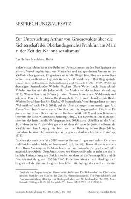 Zur Untersuchung Arthur von Gruenewaldts über die Richterschaft des Oberlandesgerichts Frankfurt am Main in der Zeit des Nationalsozialismus