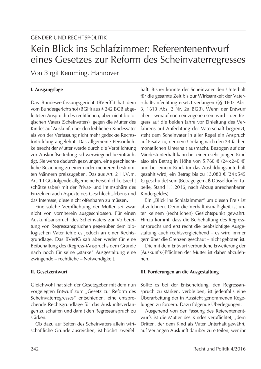 Kein Blick ins Schlafzimmer: Referentenentwurf eines Gesetzes zur Reform des Scheinvaterregresses