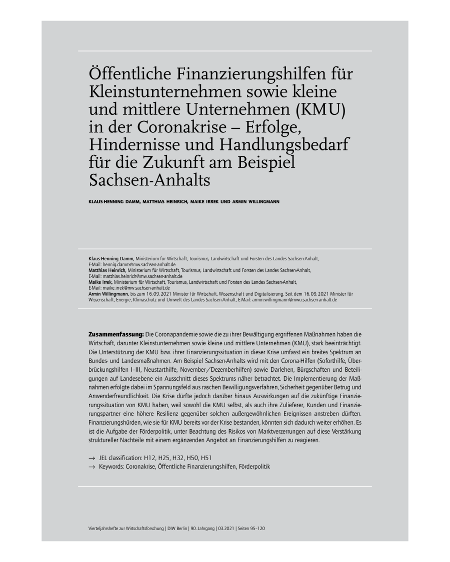 Öffentliche Finanzierungshilfen für Kleinstunternehmen sowie kleine und mittlere Unternehmen (KMU) in der Coronakrise – Erfolge, Hindernisse und Handlungsbedarf für die Zukunft am Beispiel Sachsen-Anhalts