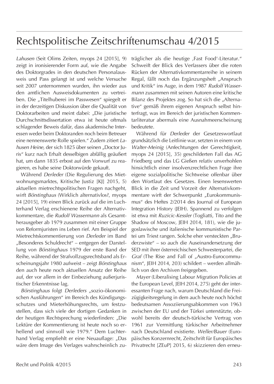 Rechtspolitische Zeitschriftenumschau 4/2015