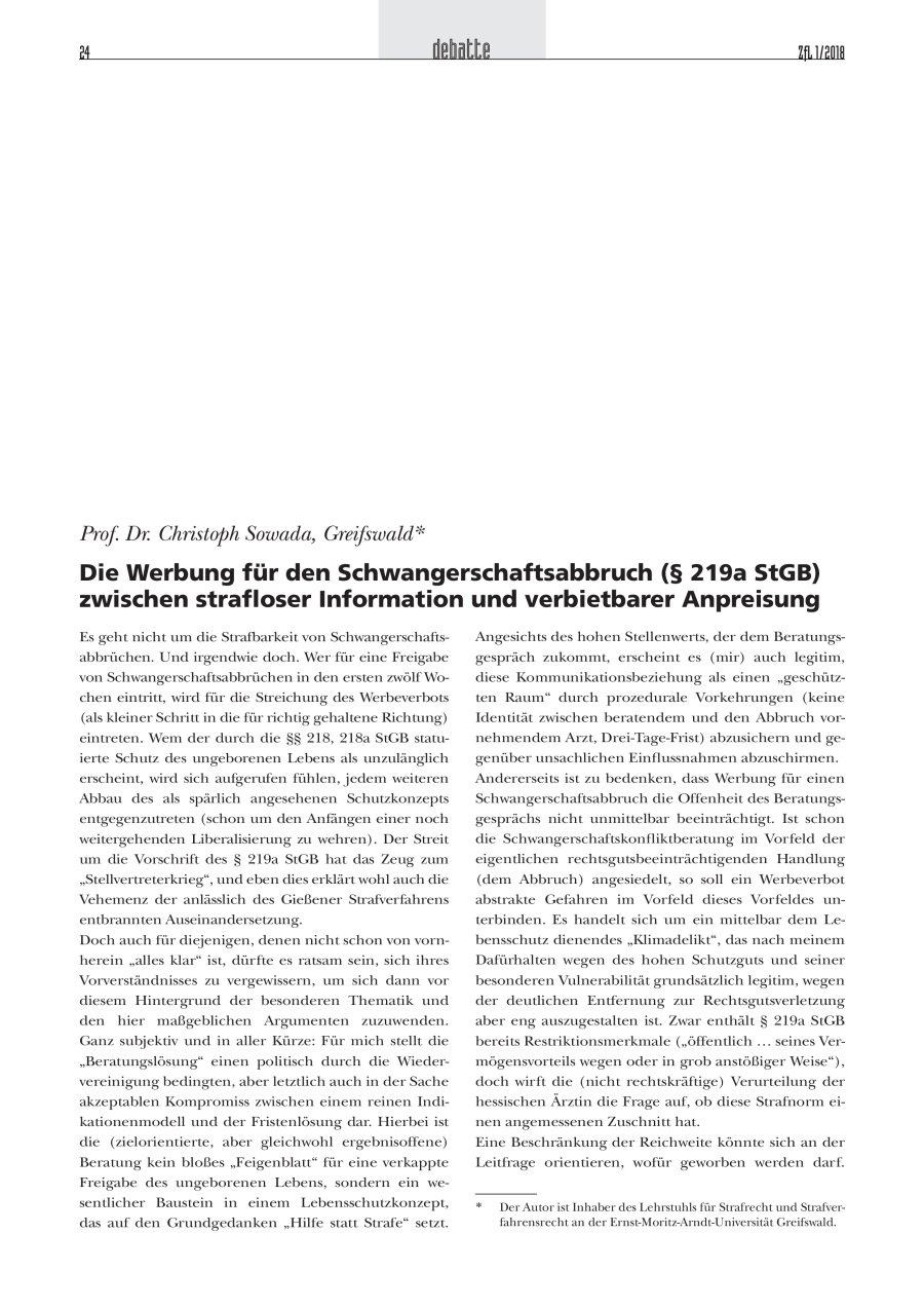Die Werbung für den Schwangerschaftsabbruch (§ 219a StGB) zwischen strafloser Information und verbietbarer Anpreisung