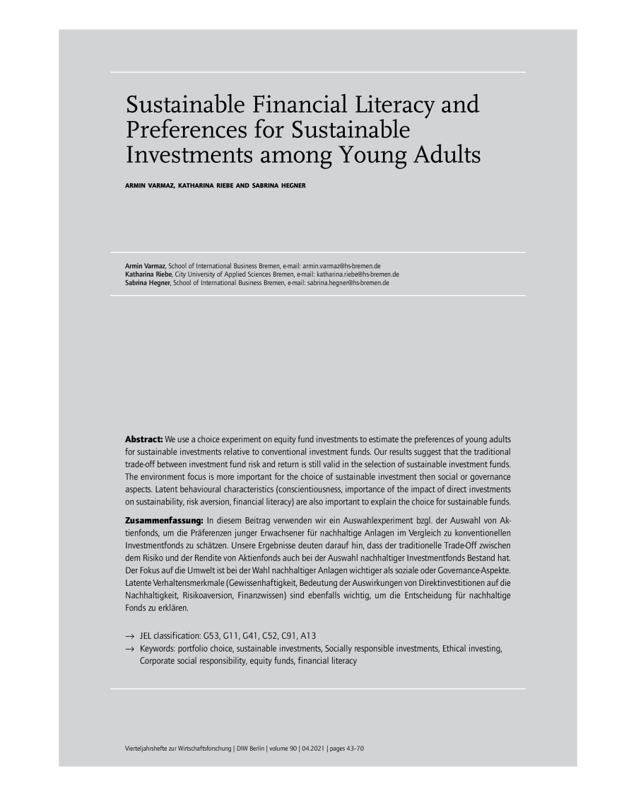 Sustainable Financial Literacy and Preferences for Sustainable Investments among Young Adults