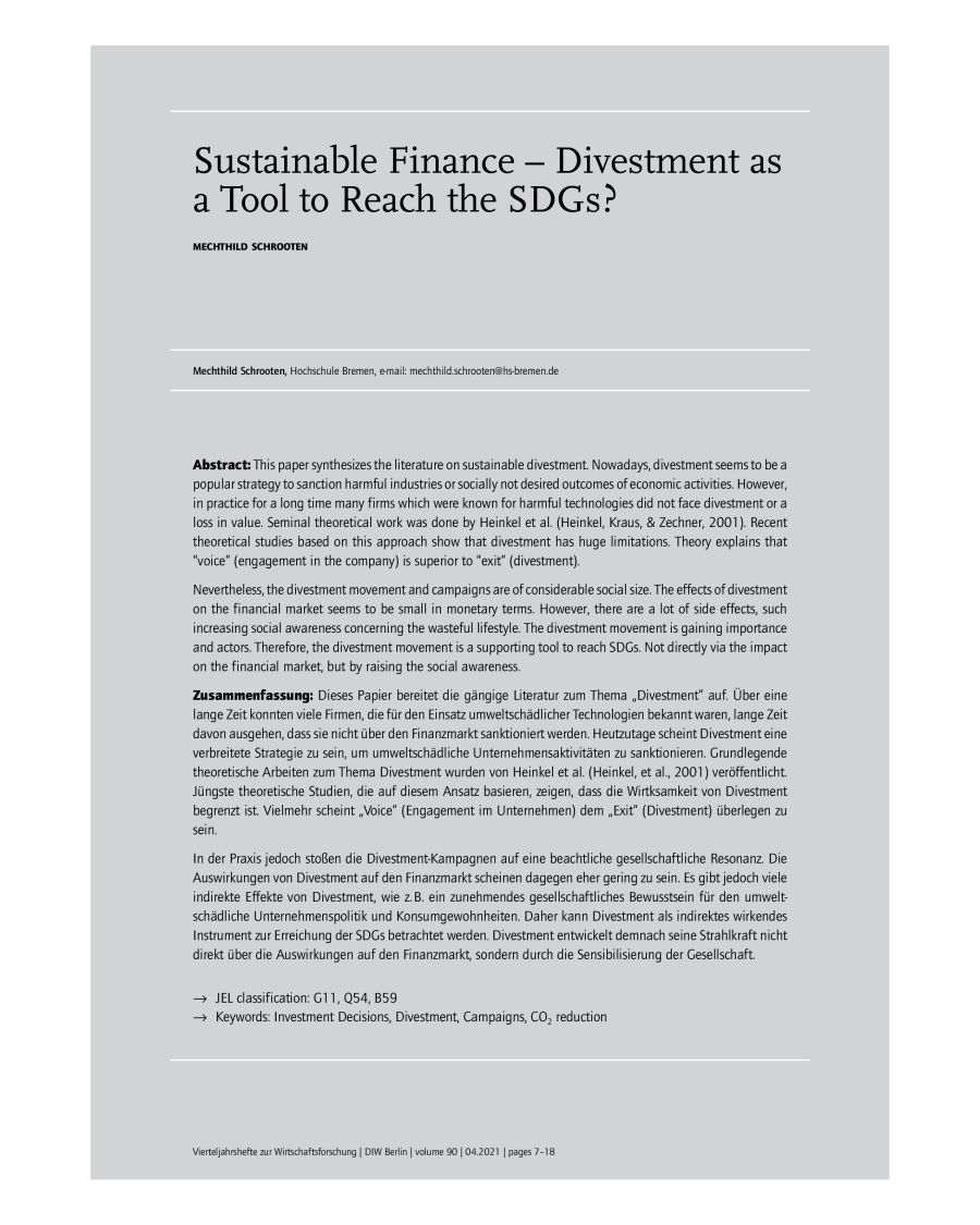 Sustainable Finance – Divestment as a Tool to Reach the SDGs?