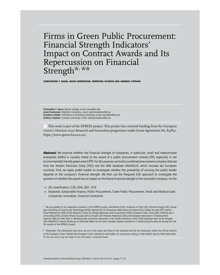 Firms in Green Public Procurement: Financial Strength Indicators’ Impact on Contract Awards and Its Repercussion on Financial Strength