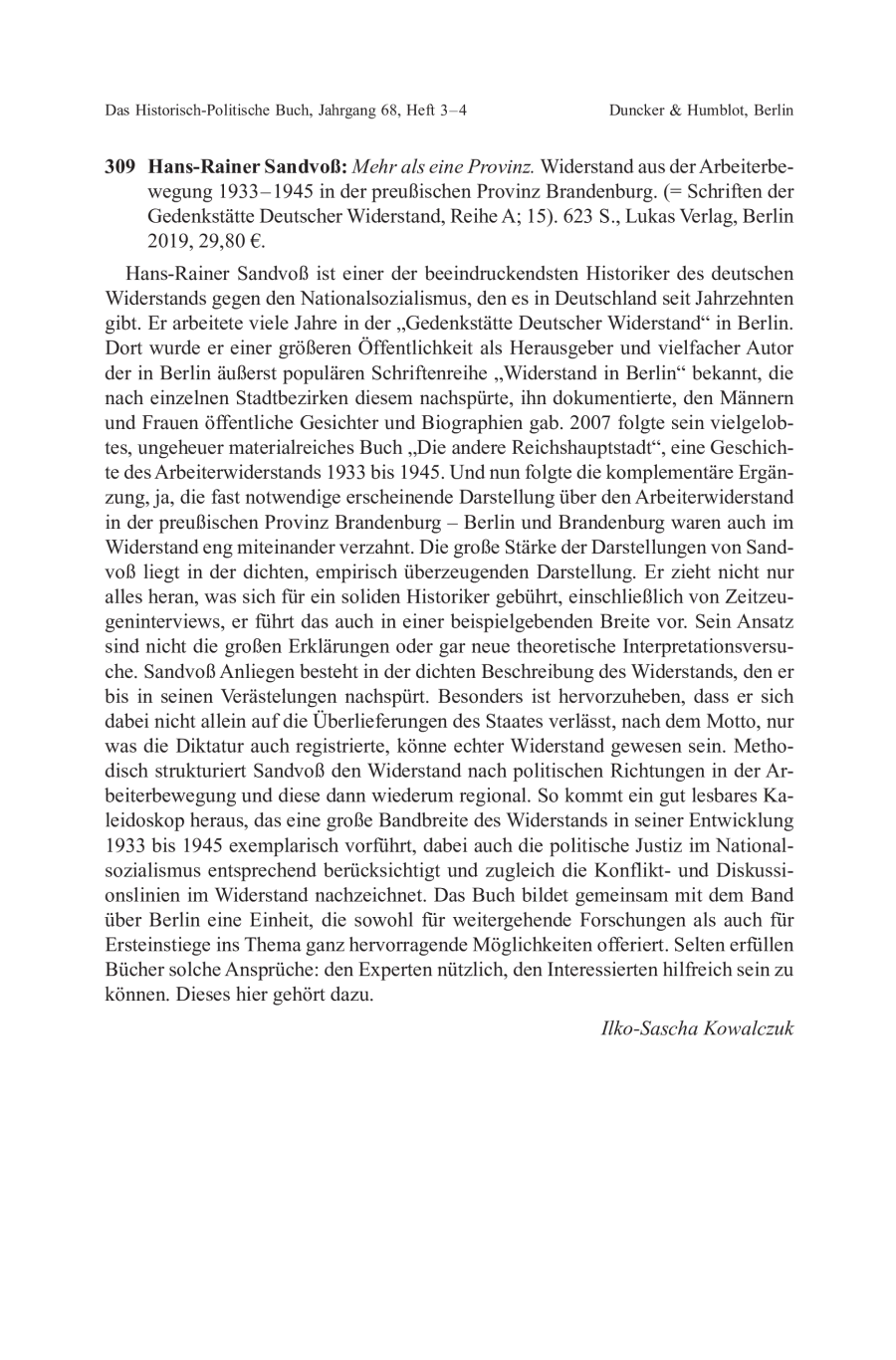 Hans-Rainer Sandvoß: Mehr als eine Provinz. Widerstand aus der Arbeiterbewegung 1933 – 1945 in der preußischen Provinz Brandenburg