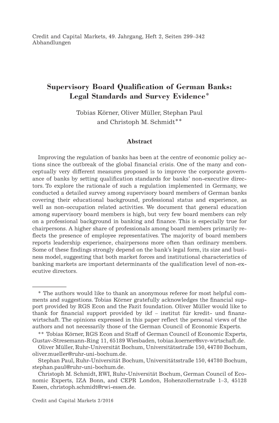 Supervisory Board Qualification of German Banks: Legal Standards and Survey Evidence