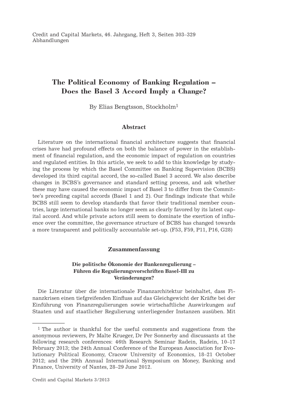 The Political Economy of Banking Regulation – Does the Basel 3 Accord Imply a Change?