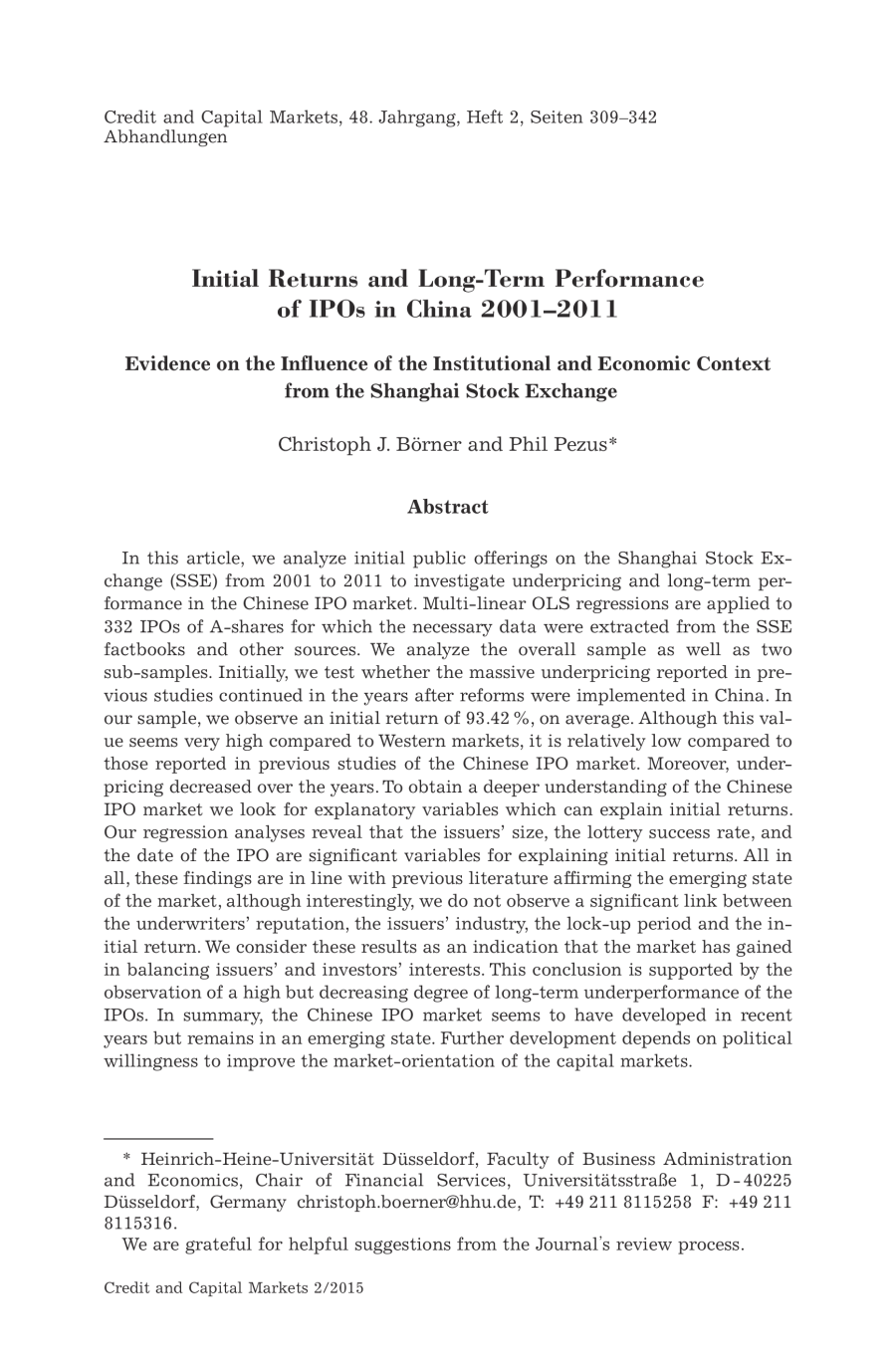 Initial Returns and Long-Term Performance of IPOs in China 2001–2011. Evidence on the Influence of the Institutional and Economic Context from the Shanghai Stock Exchange