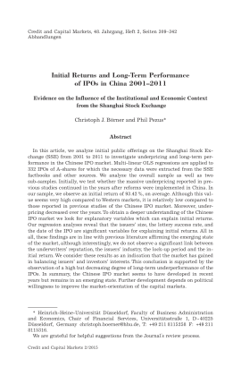 Initial Returns and Long-Term Performance of IPOs in China 2001–2011. Evidence on the Influence of the Institutional and Economic Context from the Shanghai Stock Exchange