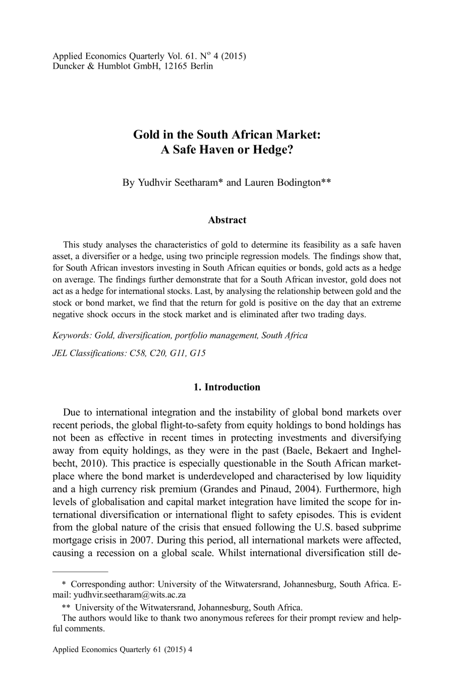 Gold in the South African Market: A Safe Haven or Hedge?