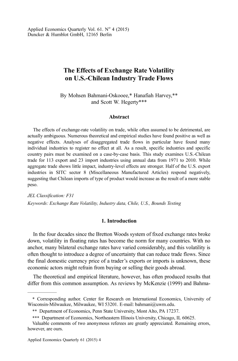 The Effects of Exchange Rate Volatility on U.S.-Chilean Industry Trade Flows
