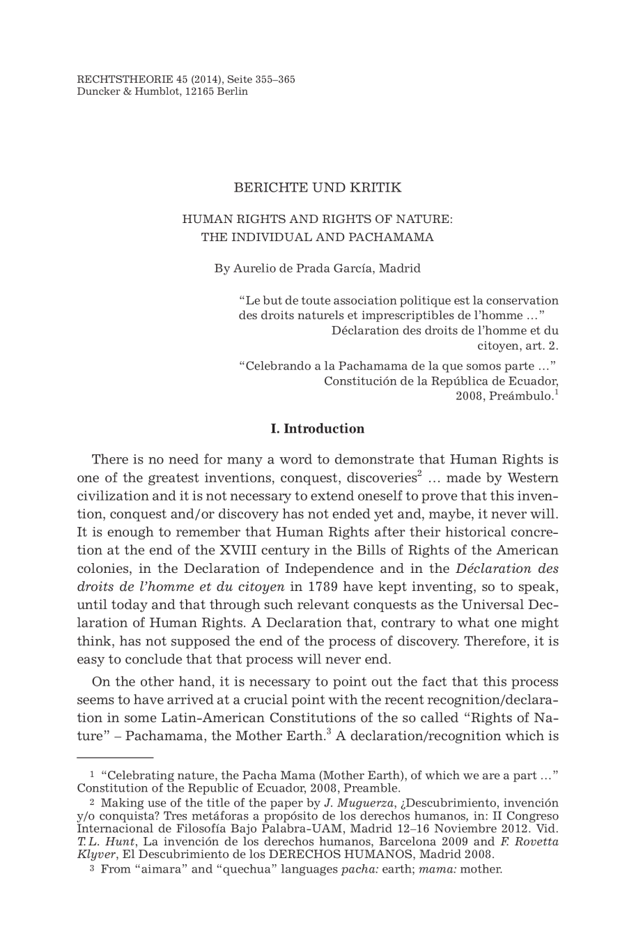Human Rights and Rights of Nature: The Individual and Pachamama