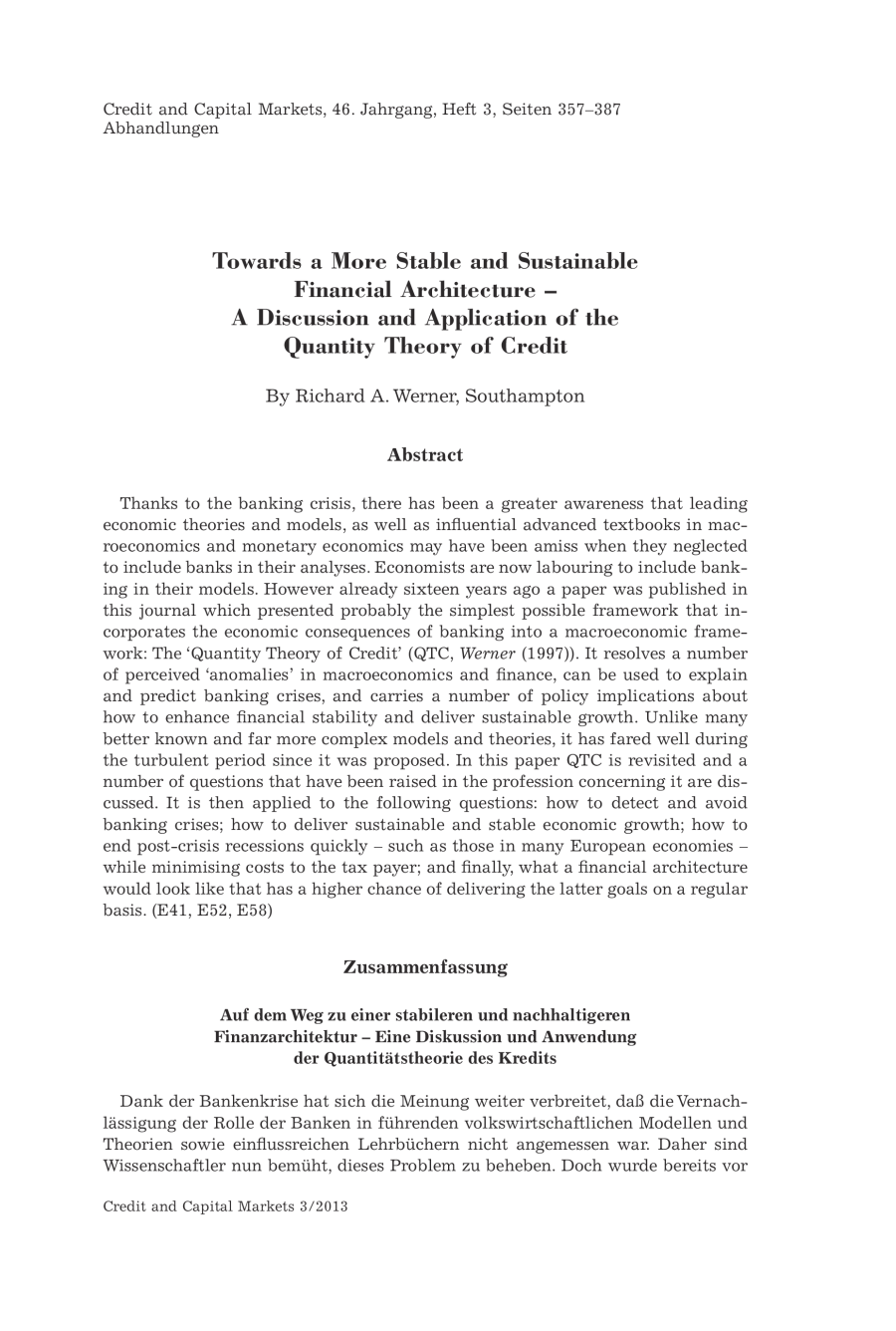 Towards a More Stable and Sustainable Financial Architecture – A Discussion and Application of the Quantity Theory of Credit