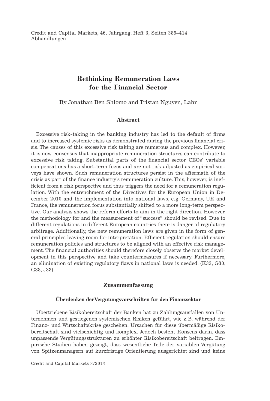 Rethinking Remuneration Laws for the Financial Sector