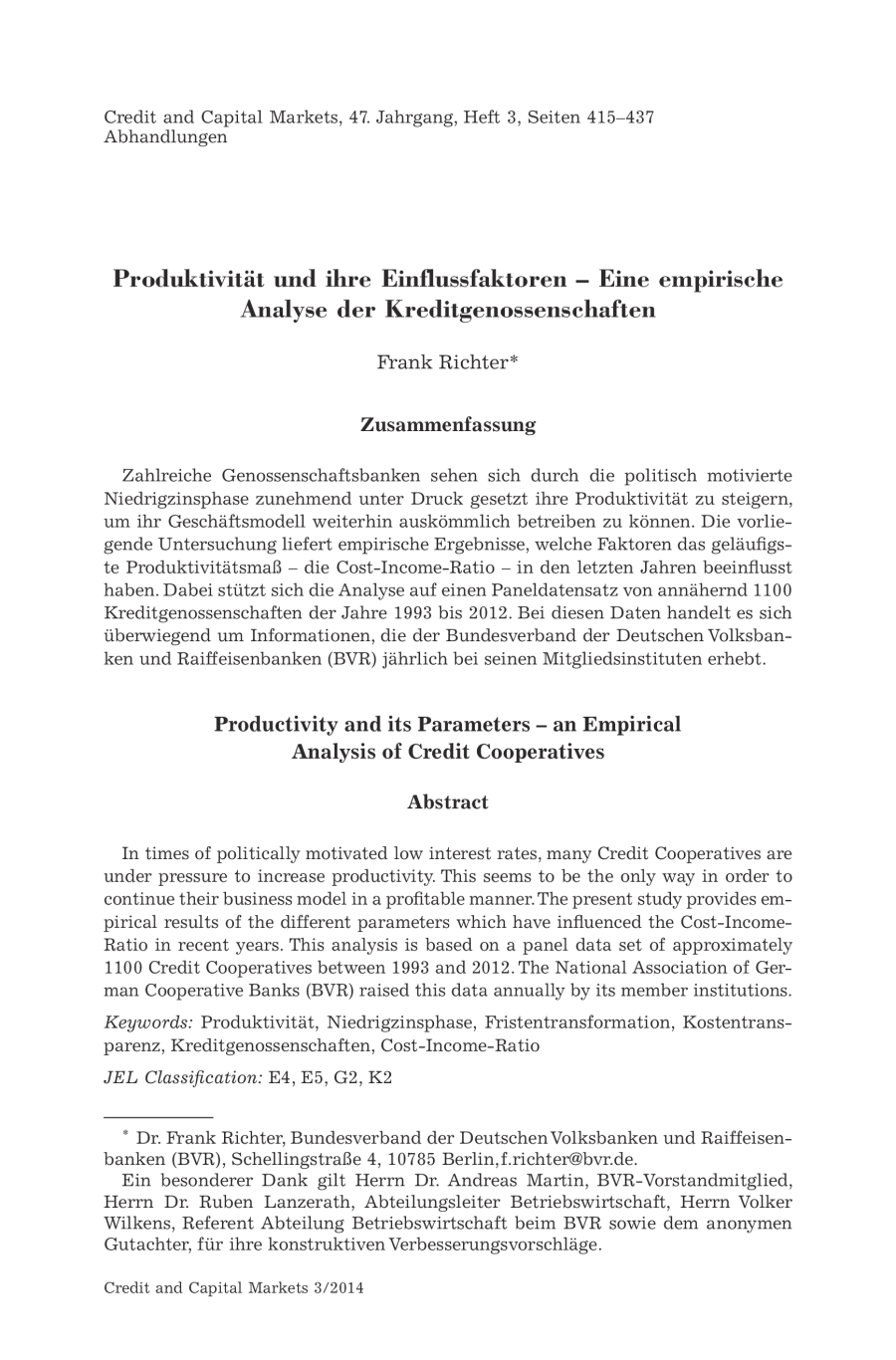 Produktivität und ihre Einflussfaktoren – Eine empirische Analyse der Kreditgenossenschaften