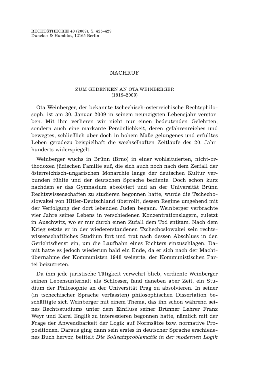 Zum Gedenken an Ota Weinberger (1919-2009)