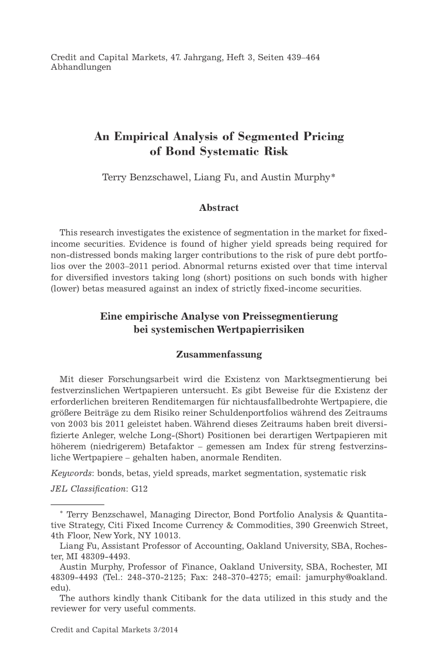 An Empirical Analysis of Segmented Pricing of Bond Systematic Risk