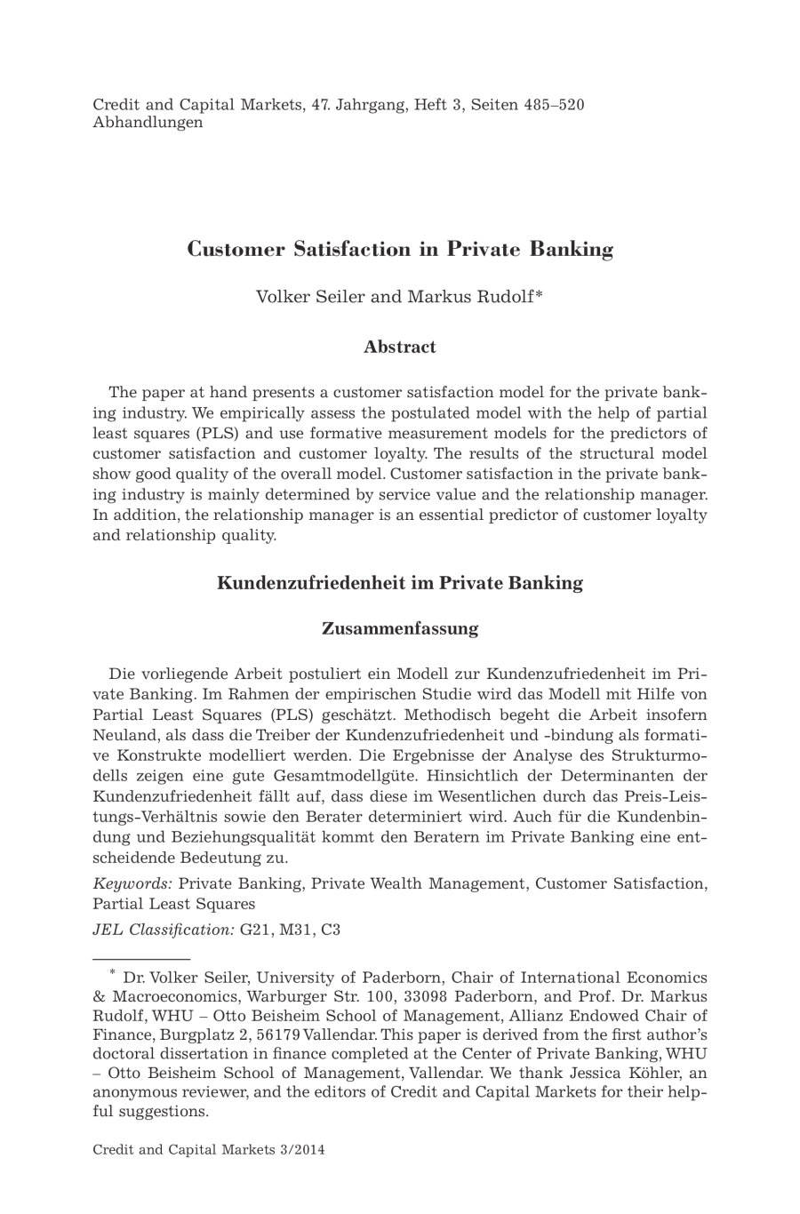 Customer Satisfaction in Private Banking