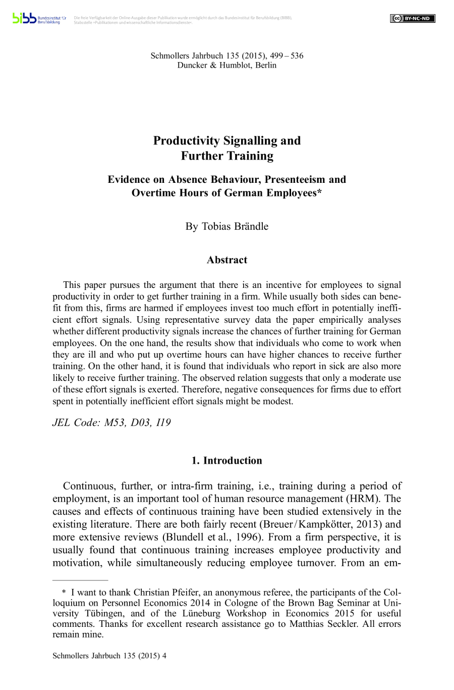 Productivity Signalling and Further Training. Evidence on Absence Behaviour, Presenteeism and Overtime Hours of German Employees