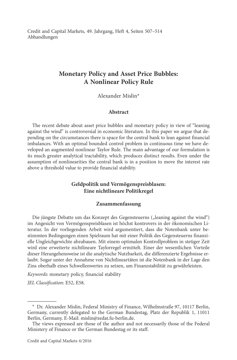 Monetary Policy and Asset Price Bubbles: A Nonlinear Policy Rule