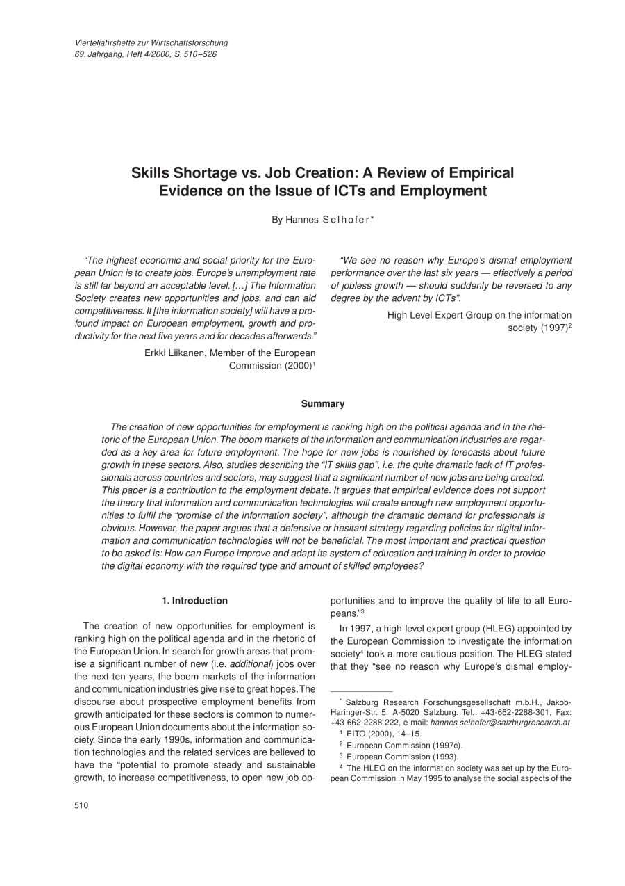 Skills Shortage vs. Job Creation: A Review of Empirical Evidence on the Issue of ICTs and Employment
