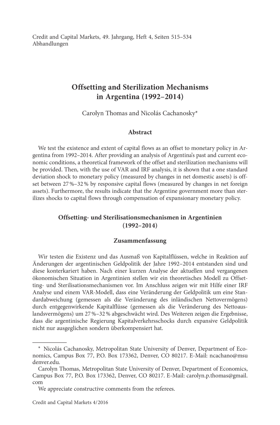 Offsetting and Sterilization Mechanisms in Argentina (1992–2014)