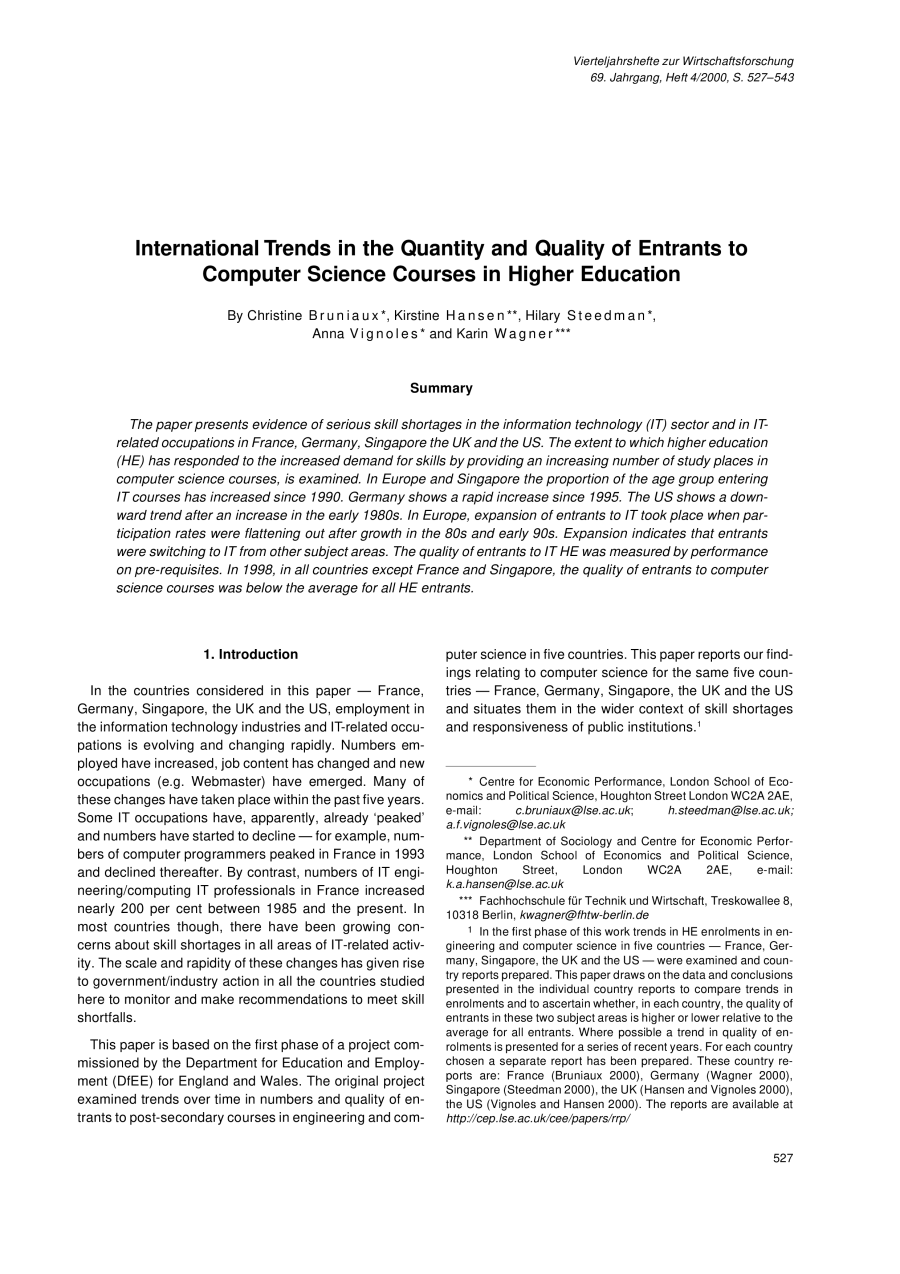 International Trends in the Quantity and Quality of Entrants to Computer Science Courses in Higher Education