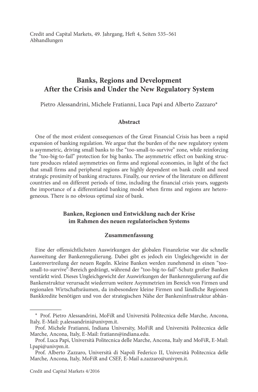 Banks, Regions and Development After the Crisis and Under the New Regulatory System