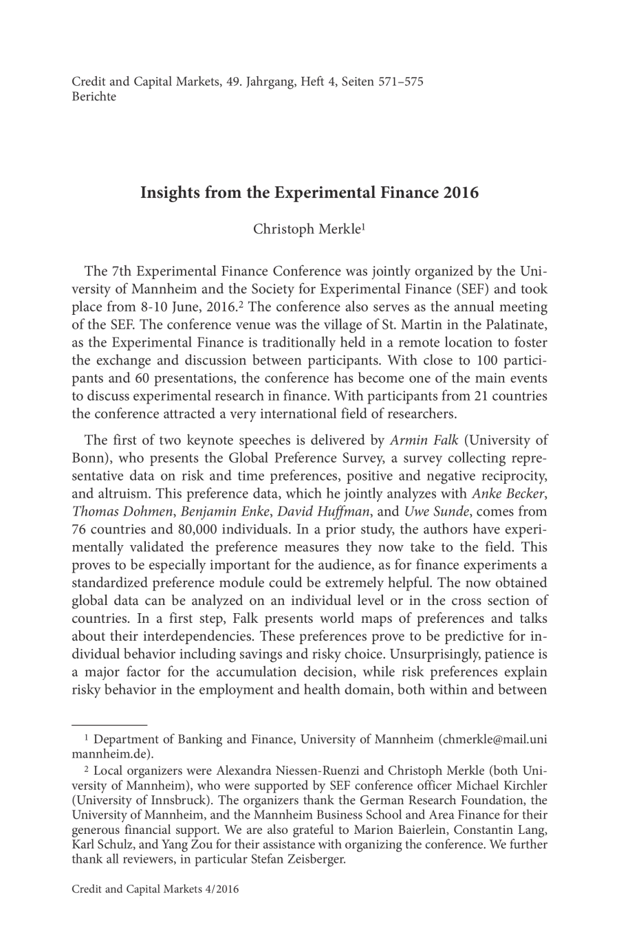 Insights from the Experimental Finance 2016