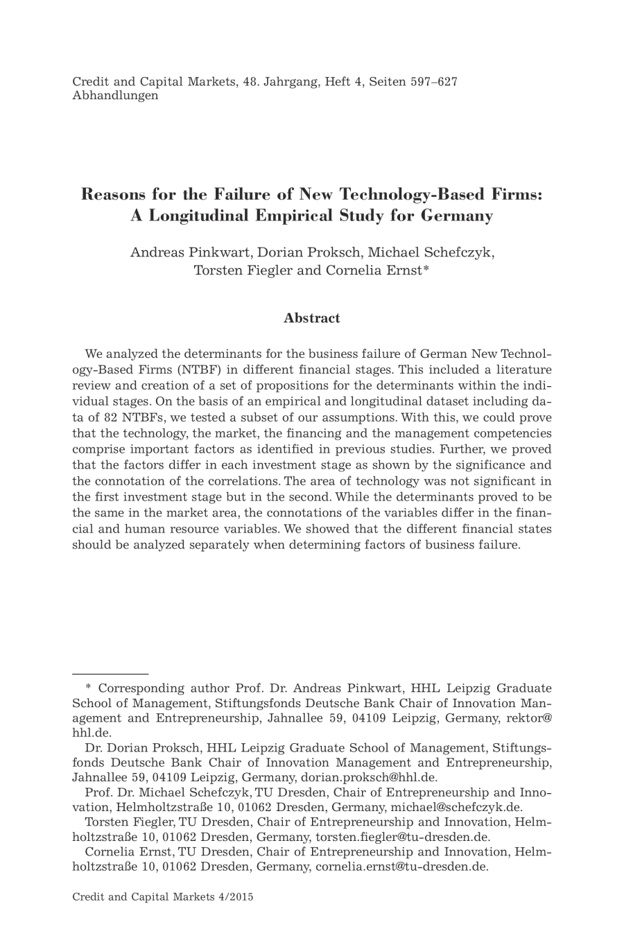 Reasons for the Failure of New Technology-Based Firms: A Longitudinal Empirical Study for Germany