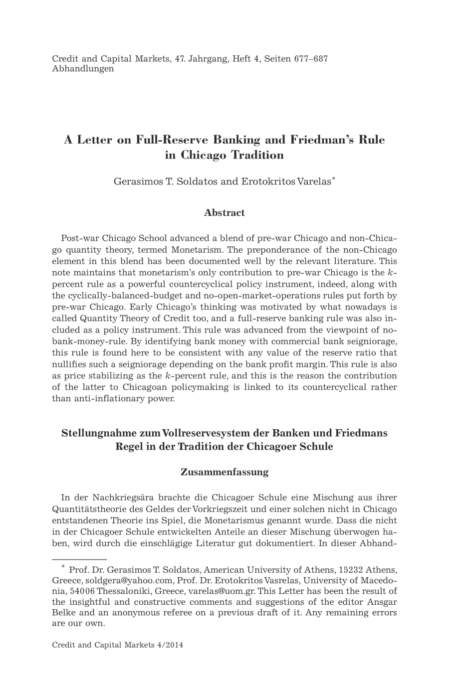 A Letter on Full-Reserve Banking and Friedman"s Rule in Chicago Tradition