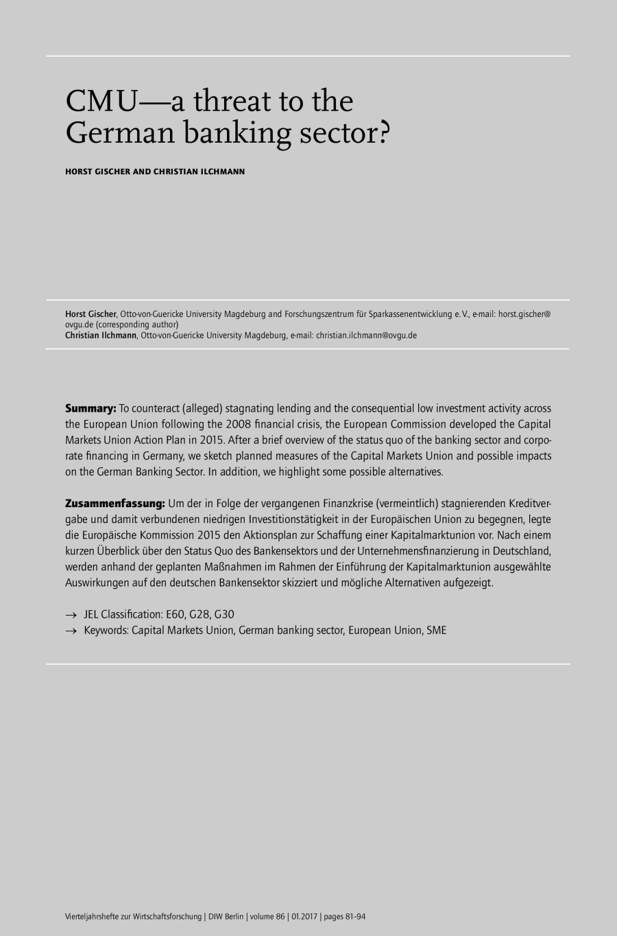 CMU–a threat to the German banking sector?