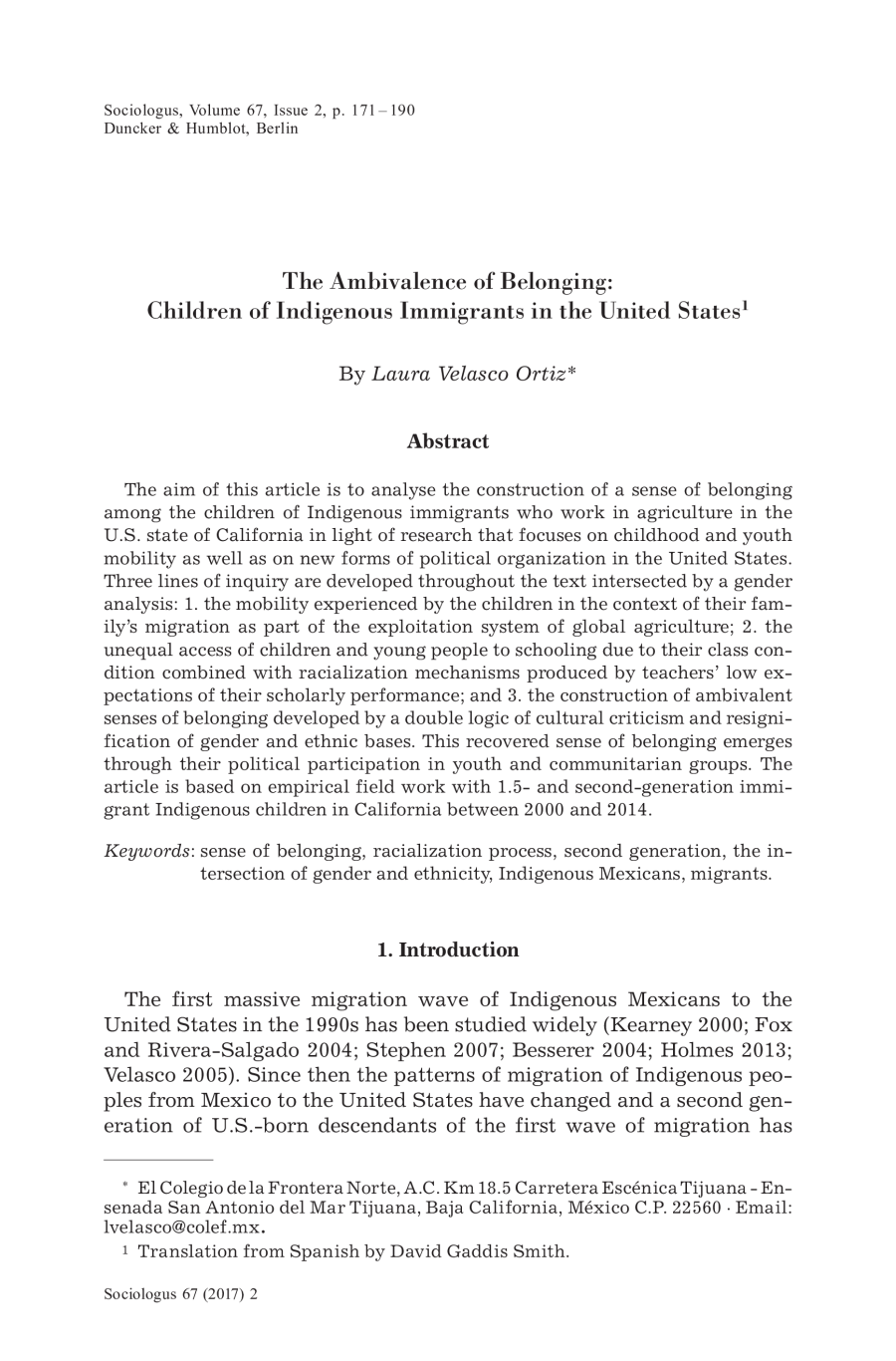 The Ambivalence of Belonging: Children of Indigenous Immigrants in the United States